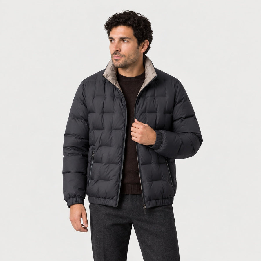 Men's block quilted puffer jacket in Black | Pitchcombe – front view