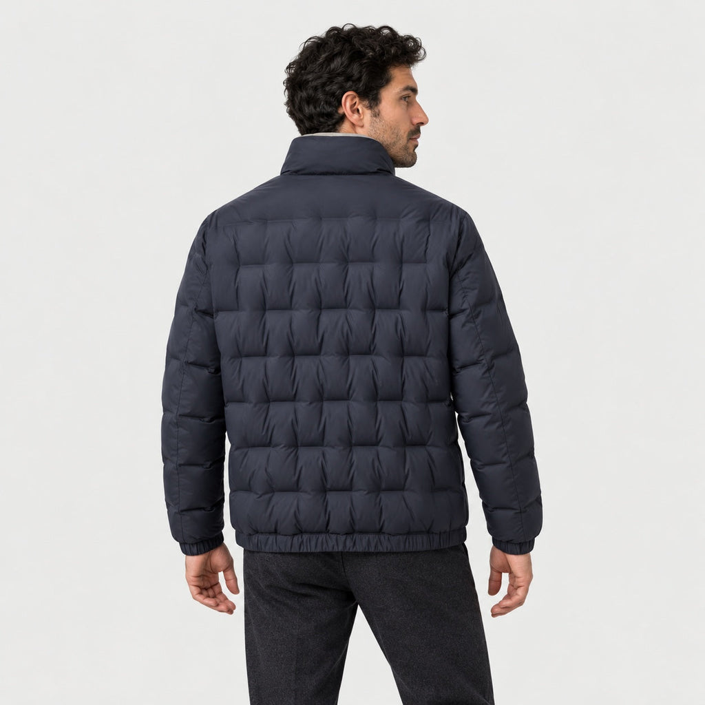 Men's block quilted puffer jacket in Navy | Pitchcombe – back view