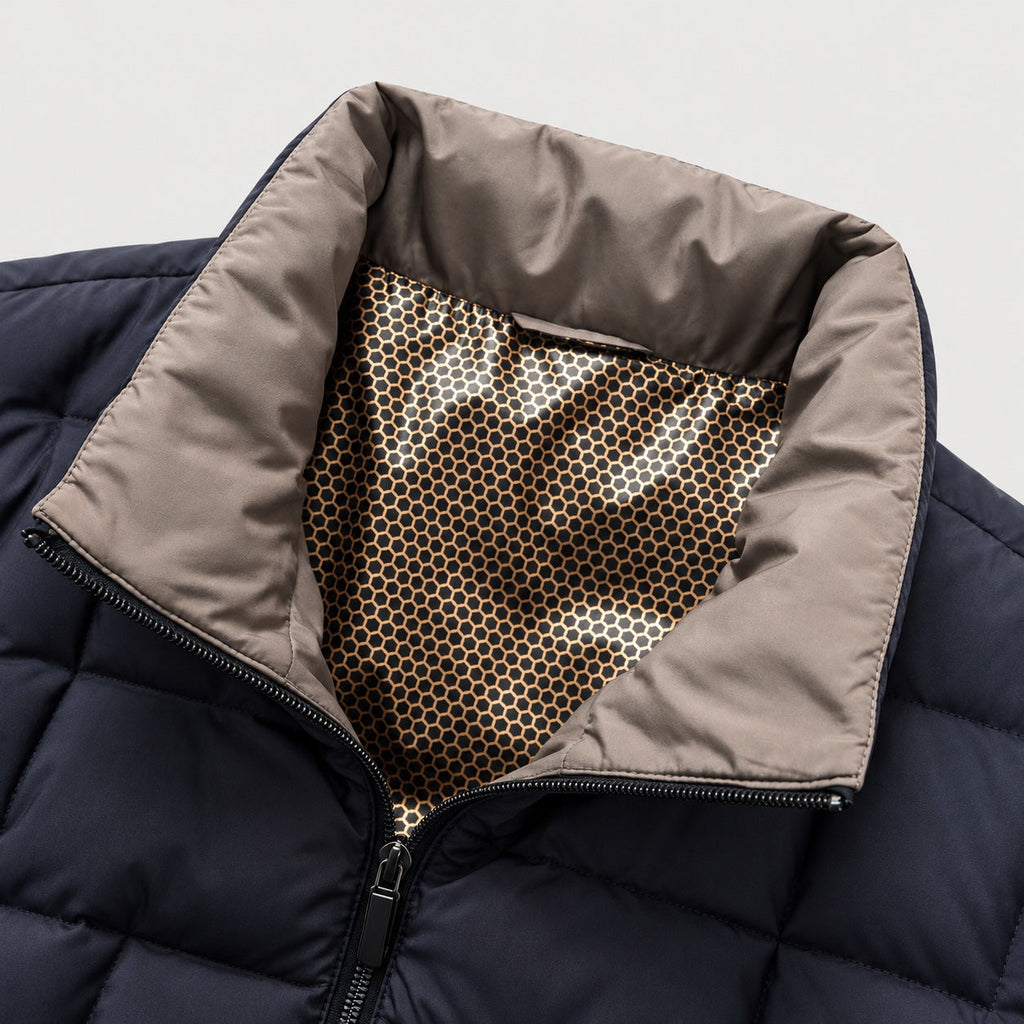 Men's block quilted puffer jacket in Navy | Pitchcombe – detail view