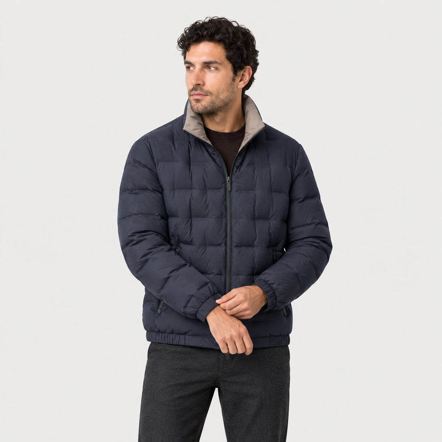 Men's block quilted puffer jacket in Navy | Pitchcombe – front view
