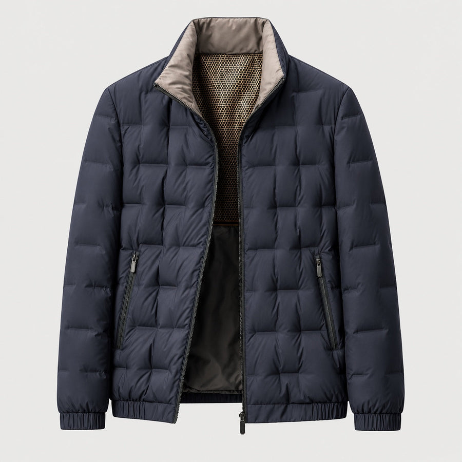 Men's block quilted puffer jacket in Navy | Pitchcombe – front view