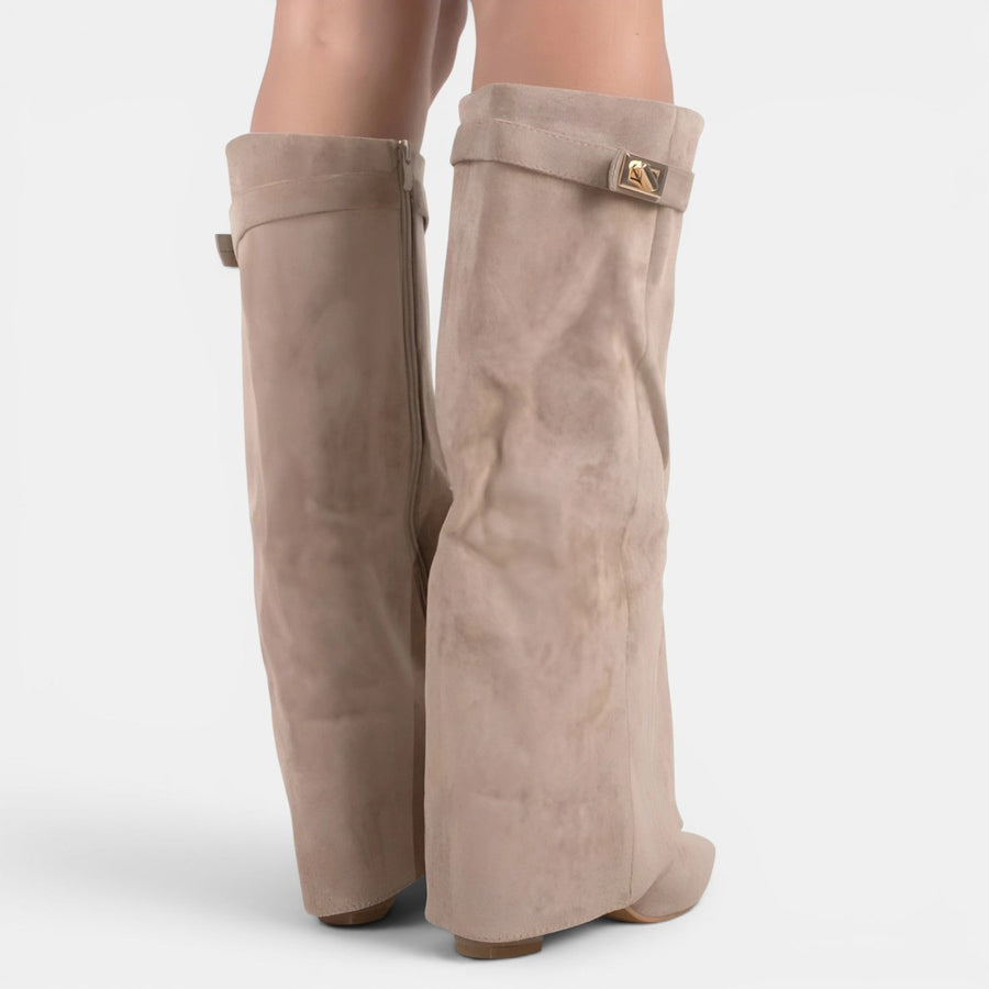 Women's Cuffed Knee-High Suede Boots with Block Heel — view 2