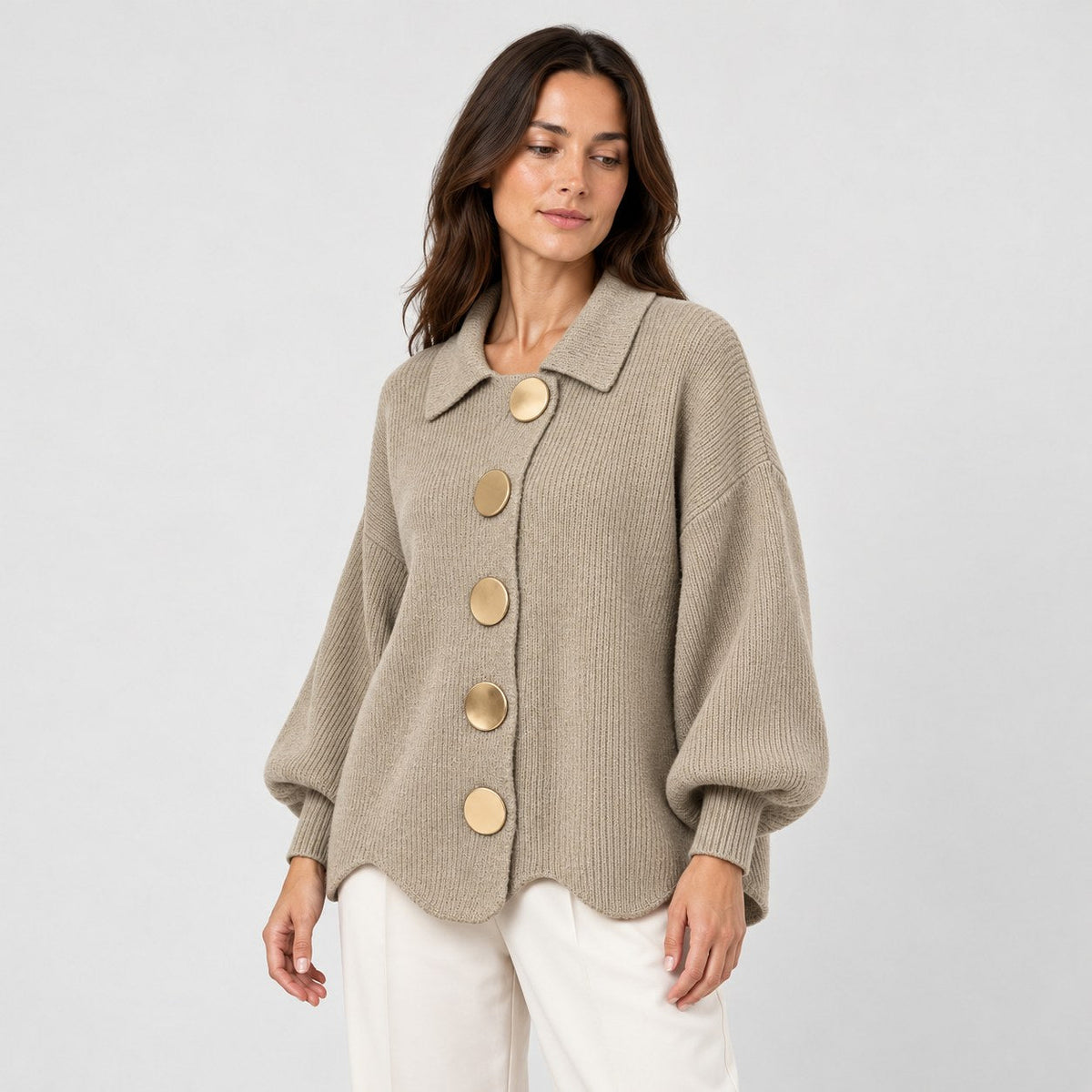 Women's oversized cardigan in Khaki | Appletreewick – side view