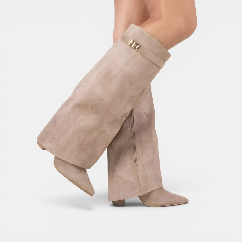 Women's Cuffed Knee-High Suede Boots with Block Heel — view 4