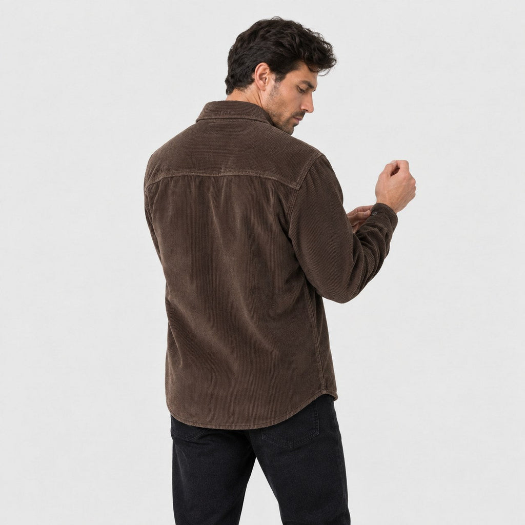 Men's corduroy shirt jacket in Dark Brown | Ruckinge – back view