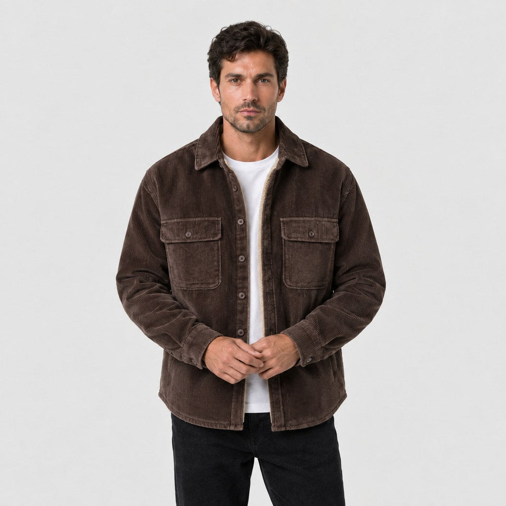 Men's corduroy shirt jacket in Dark Brown | Ruckinge – front view