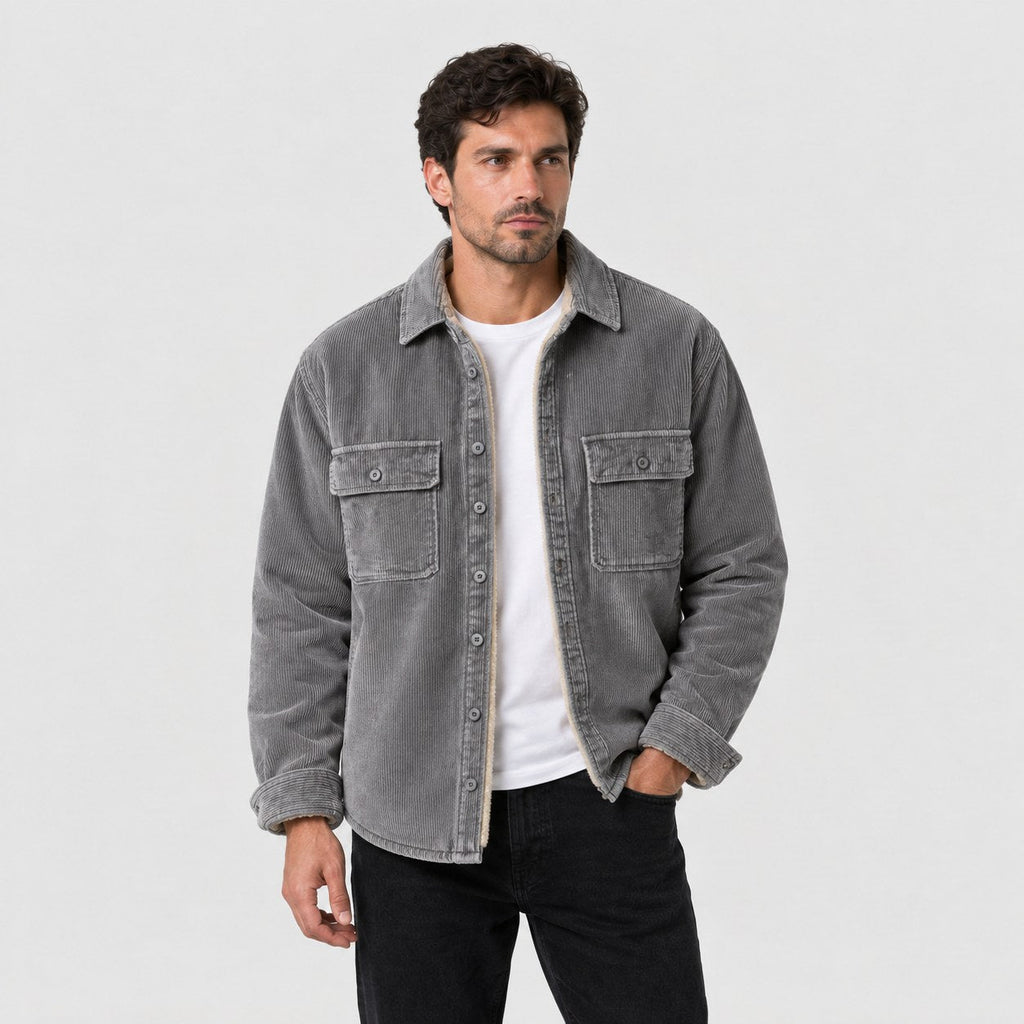 Men's corduroy shirt jacket in Grey | Ruckinge – front view