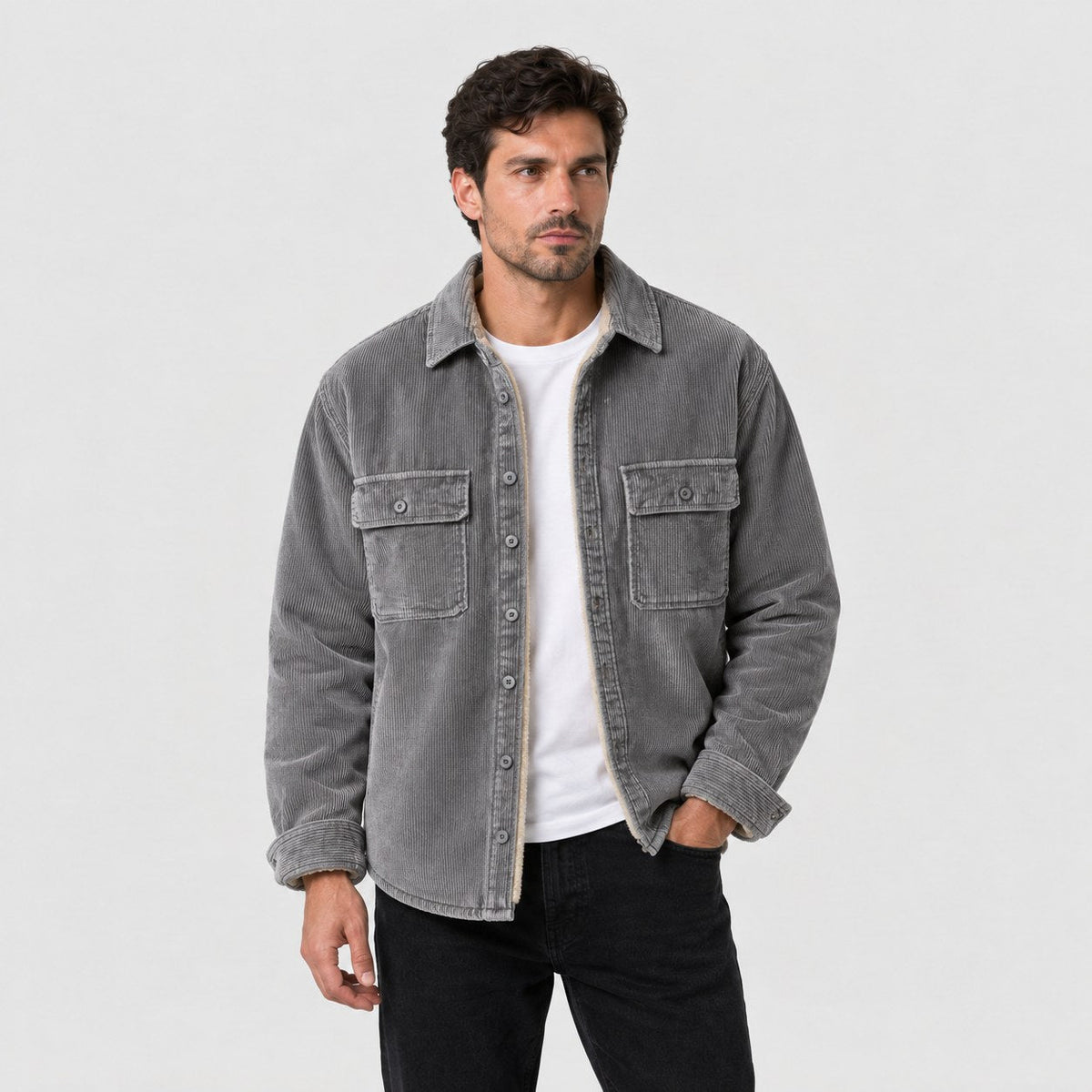 Men's corduroy shirt jacket in Grey | Ruckinge – front view