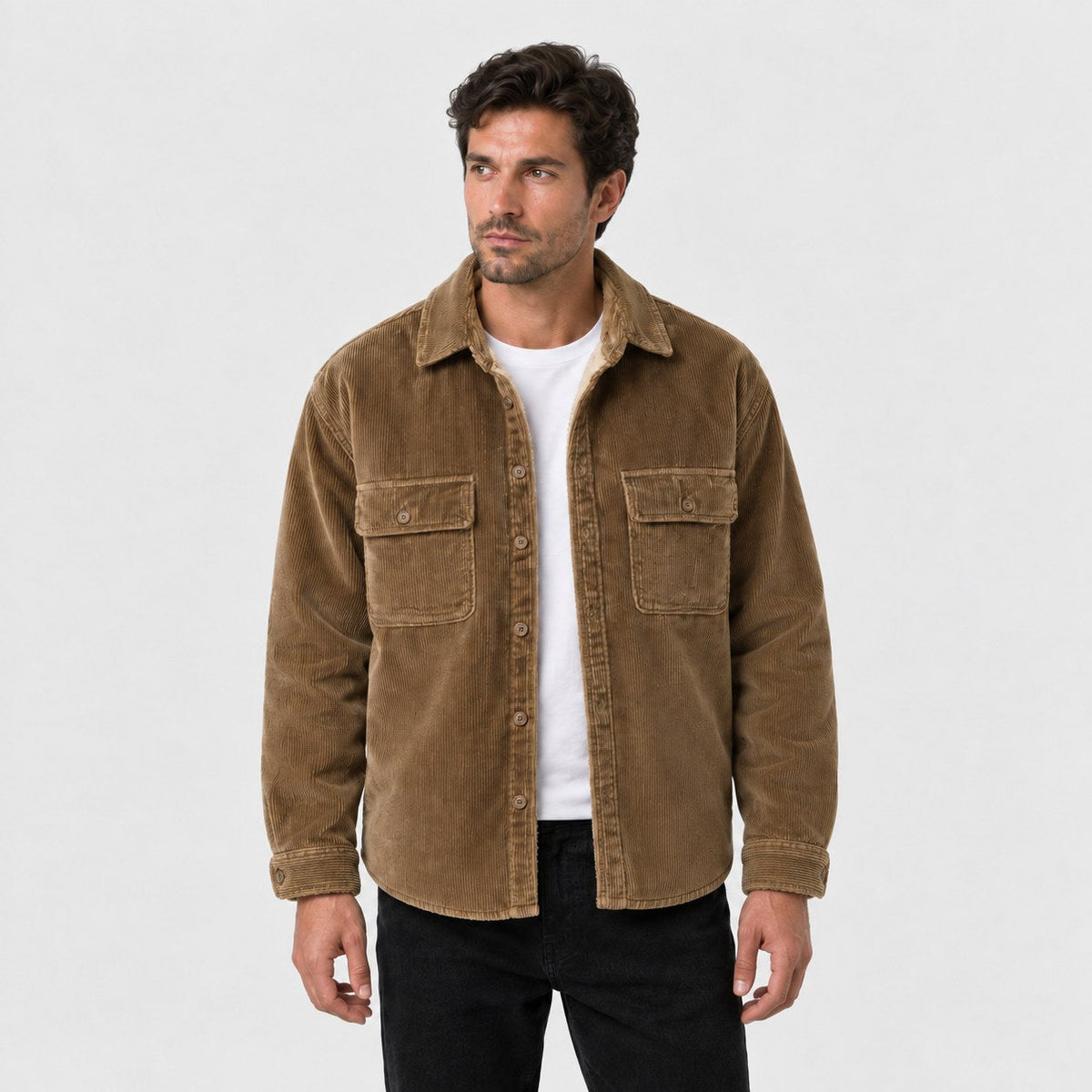 Men's corduroy shirt jacket in Camel | Ruckinge – front view