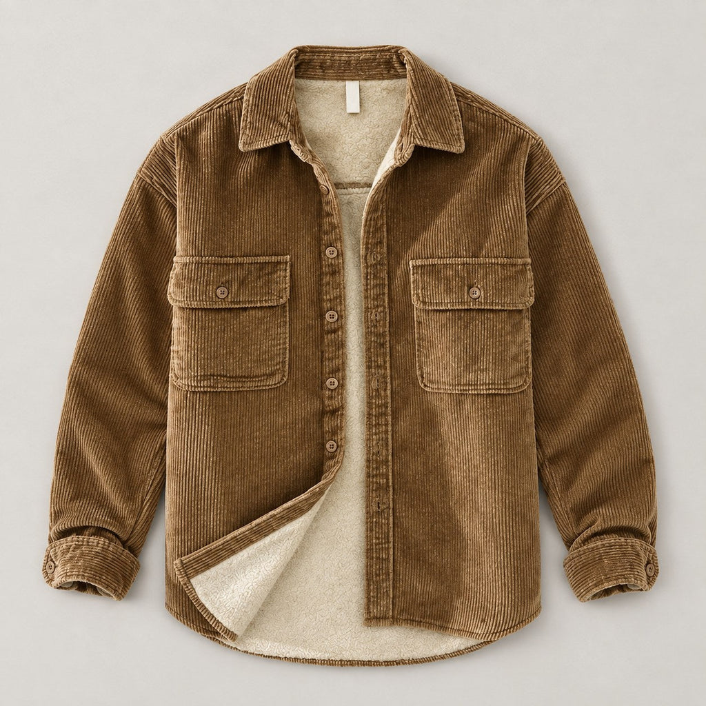 Men's corduroy shirt jacket in Camel | Ruckinge – front view