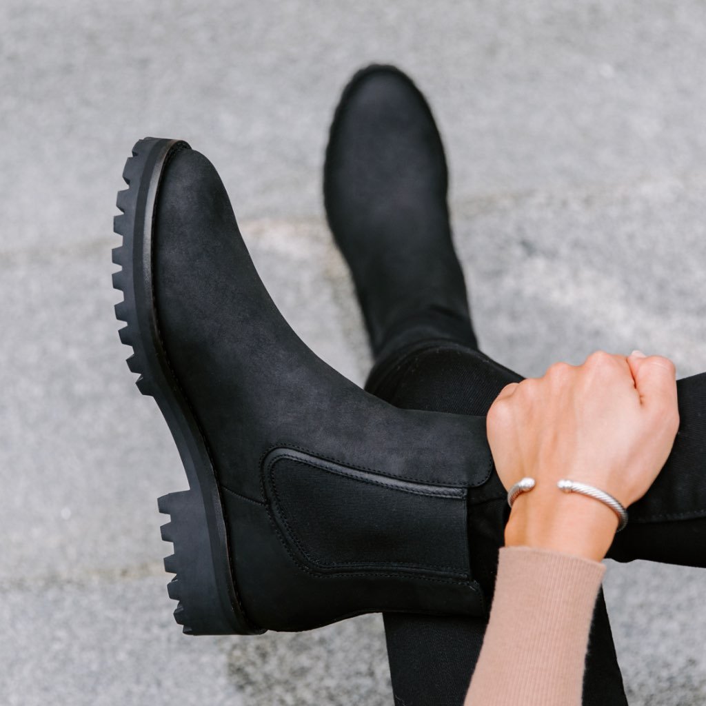 Women's Black Leather Chelsea Boots with Chunky Lug Sole — view 7