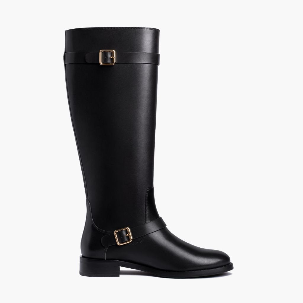 Women's Wide Calf Leather Riding Boots with Gold Buckles