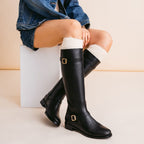 Women's Wide Calf Leather Riding Boots with Gold Buckles — view 9