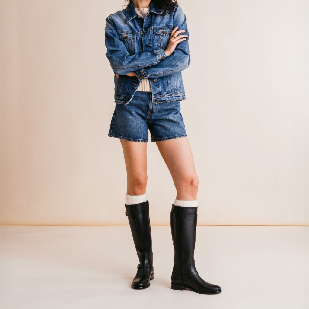 Women's Wide Calf Leather Riding Boots with Gold Buckles — view 10