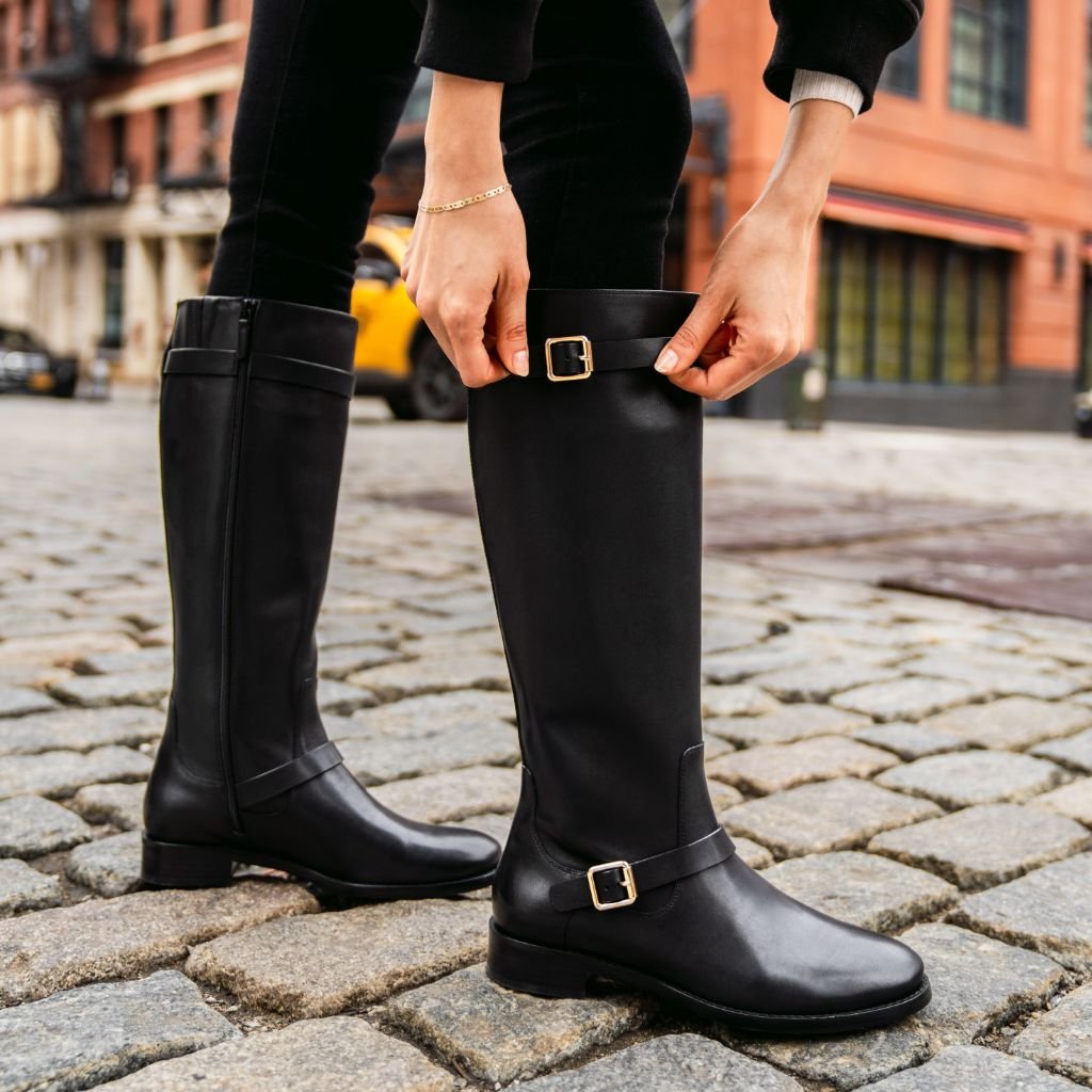 Women's Wide Calf Leather Riding Boots with Gold Buckles — view 7