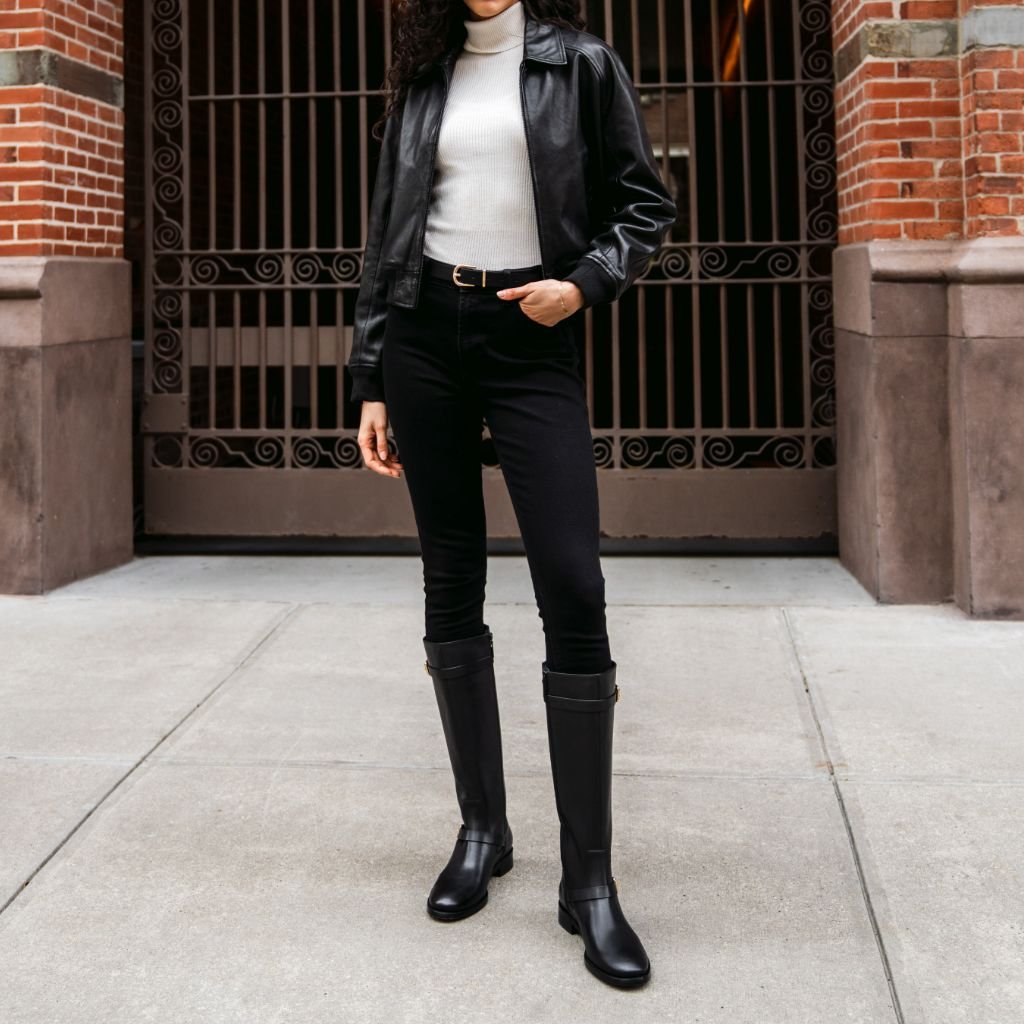 Women's Wide Calf Leather Riding Boots with Gold Buckles — view 8