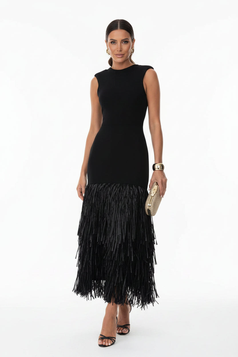 Women's Raffia Knit Midi Dress Tassel Detail - Parker and Grant