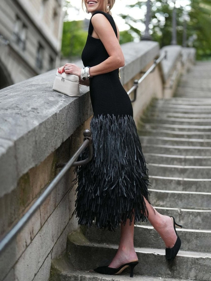 Women's Raffia Knit Midi Dress Tassel Detail - Parker and Grant