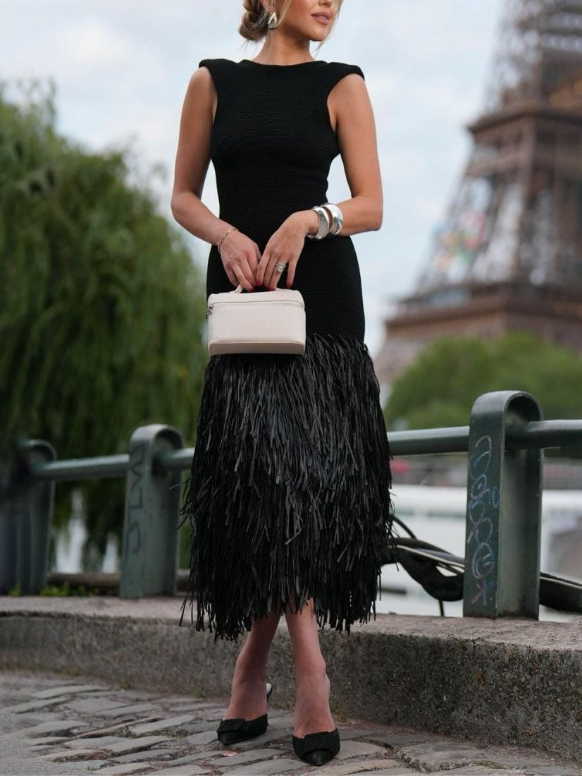 Women's Raffia Knit Midi Dress Tassel Detail - Parker and Grant