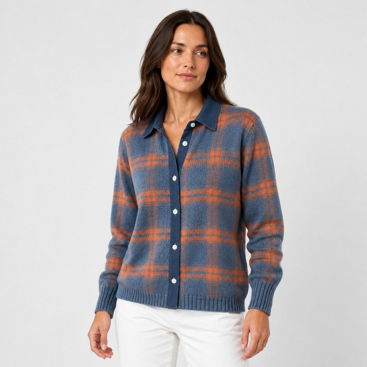 Women's checked knit cardigan with shirt collar in Blue & Orange | Gunwalloe – side view