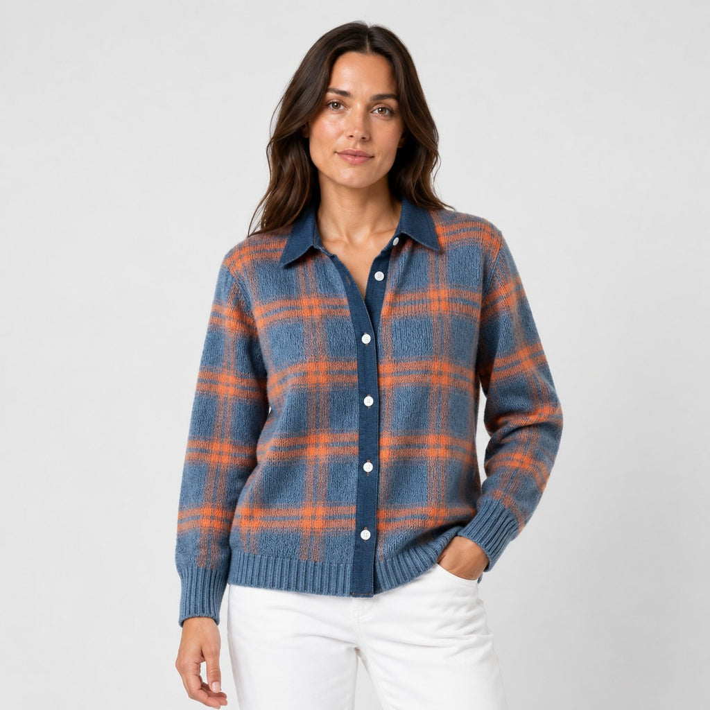 Women's checked knit cardigan with shirt collar in Blue & Orange | Gunwalloe – front view