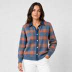 Women's checked knit cardigan with shirt collar in Blue & Orange | Gunwalloe – front view