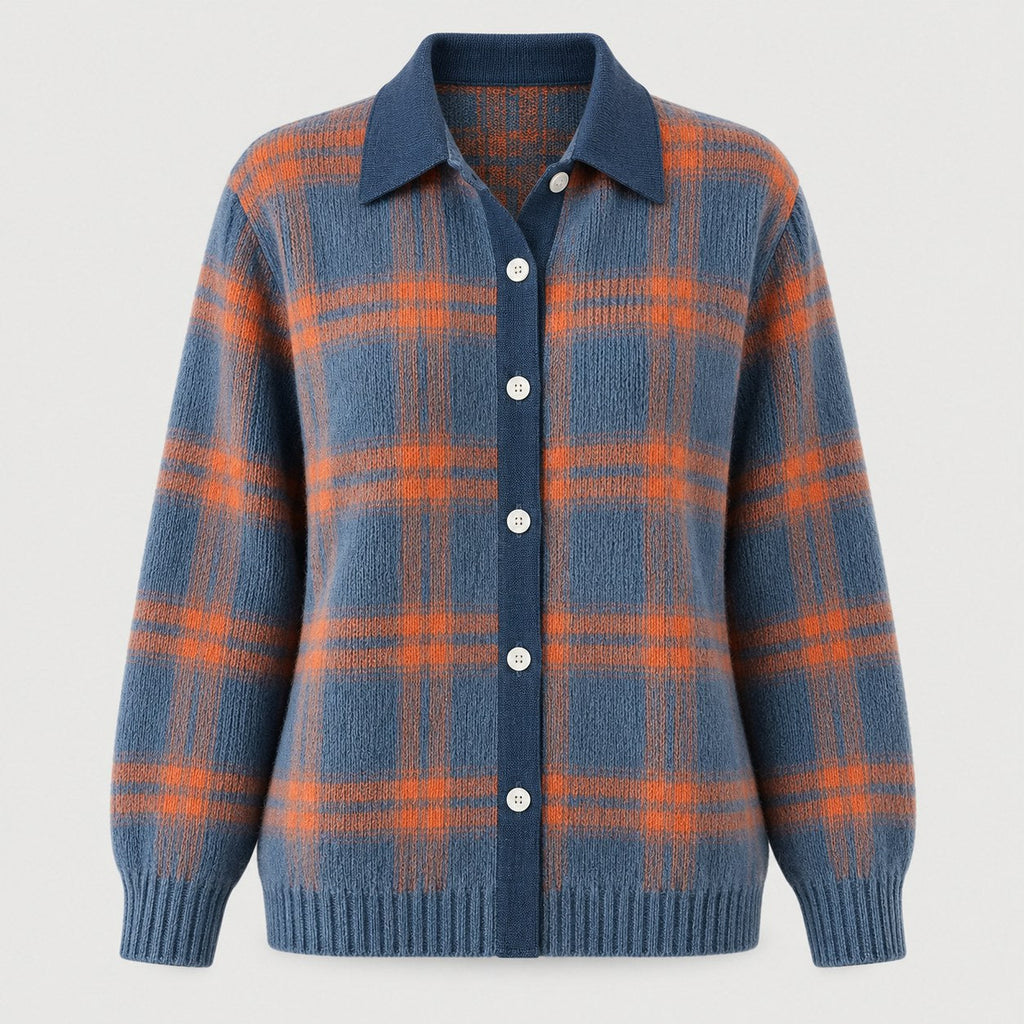 Women's checked knit cardigan with shirt collar in Blue & Orange | Gunwalloe – front view