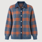 Women's checked knit cardigan with shirt collar in Blue & Orange | Gunwalloe – front view