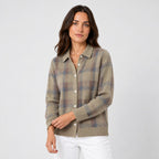 Women's checked knit cardigan with shirt collar in Taupe | Gunwalloe – side view