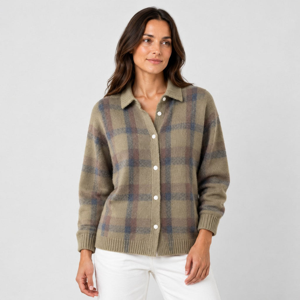 Women's checked knit cardigan with shirt collar in Taupe | Gunwalloe – front view