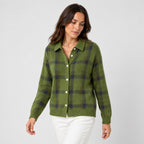 Women's checked knit cardigan with shirt collar in Green | Gunwalloe – side view