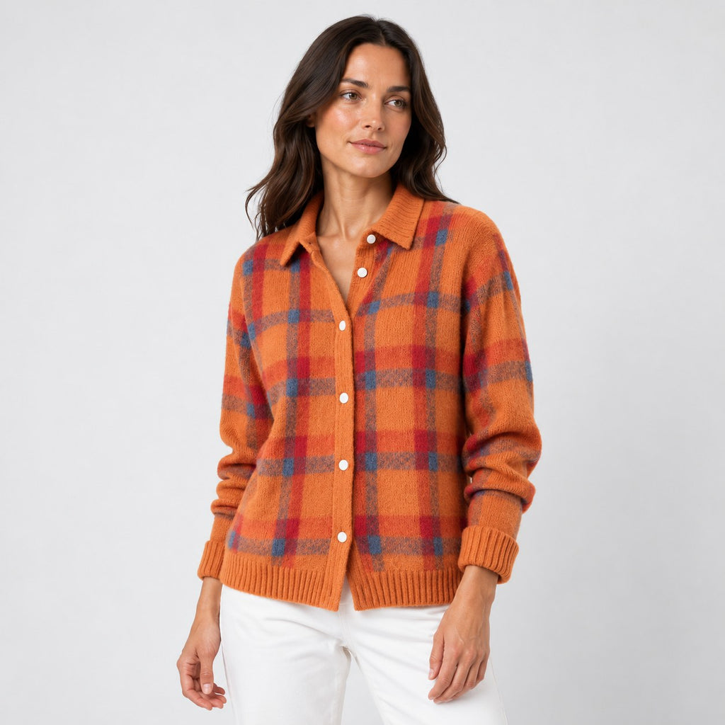 Women's checked knit cardigan with shirt collar in Orange | Gunwalloe – side view