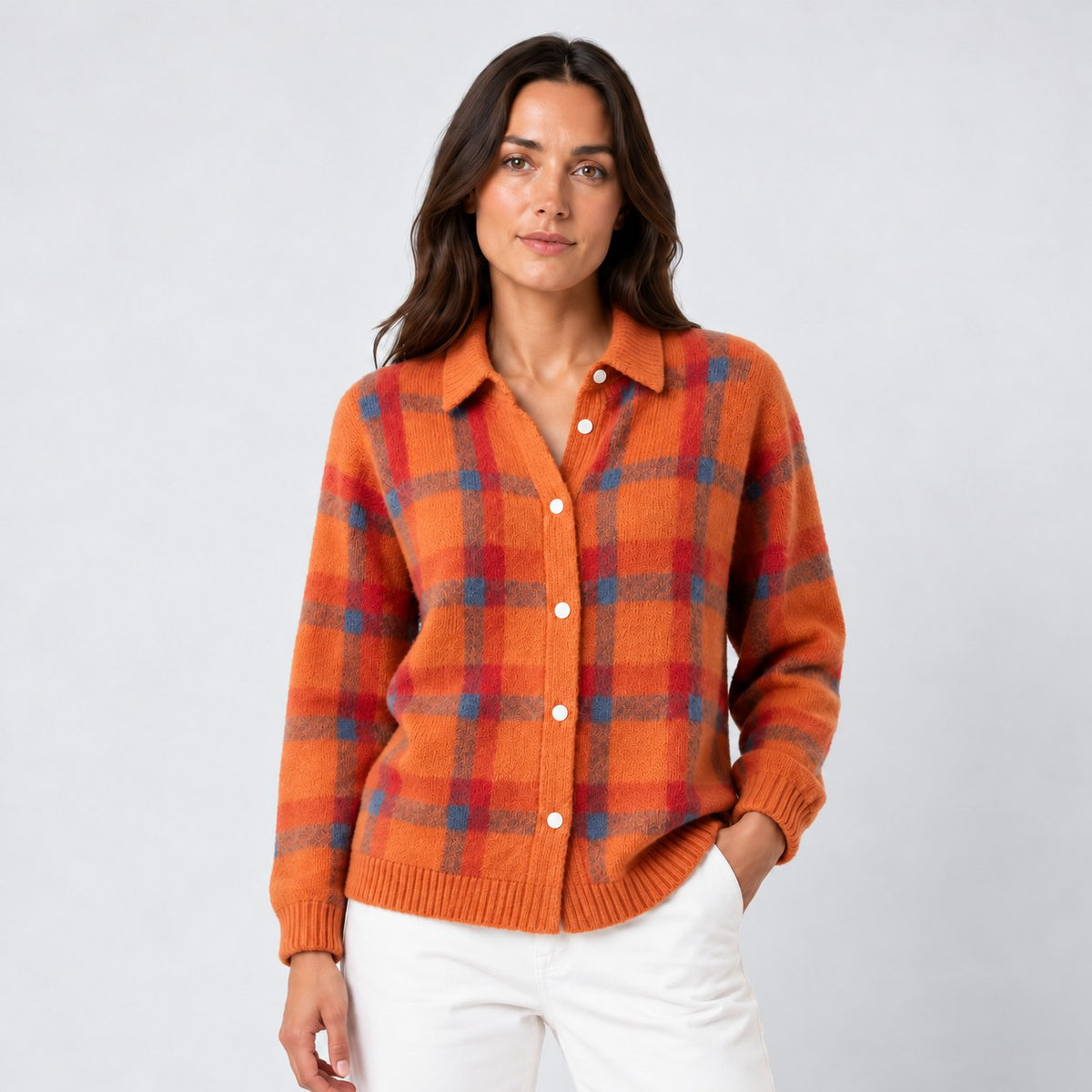 Women's checked knit cardigan with shirt collar in Orange | Gunwalloe – front view
