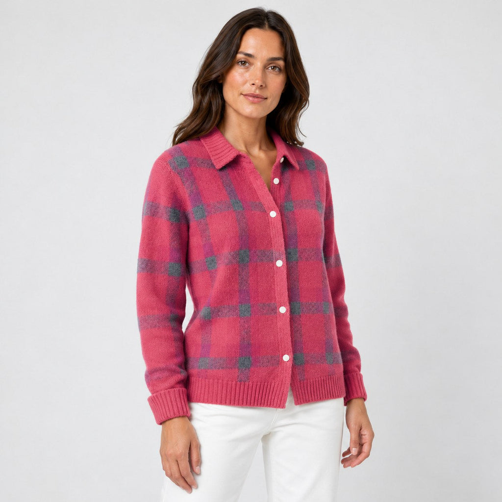 Women's checked knit cardigan with shirt collar in Pink | Gunwalloe – side view