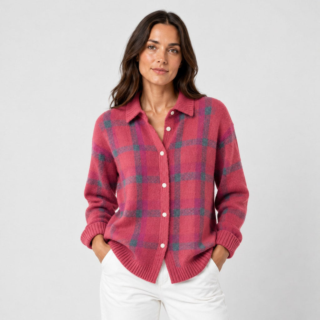 Women's checked knit cardigan with shirt collar in Pink | Gunwalloe – front view