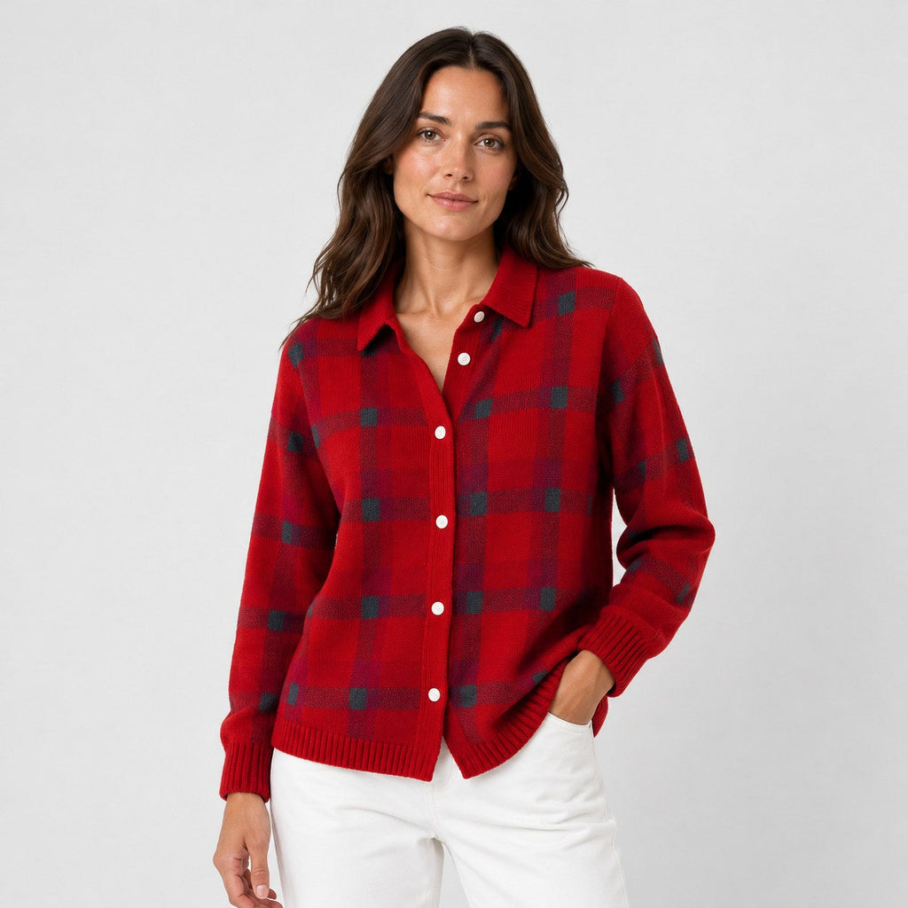 Women's checked knit cardigan with shirt collar in Red | Gunwalloe – side view