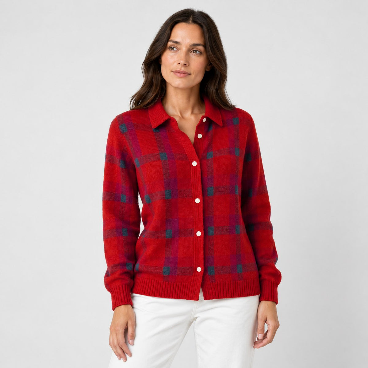 Women's checked knit cardigan with shirt collar in Red | Gunwalloe – front view