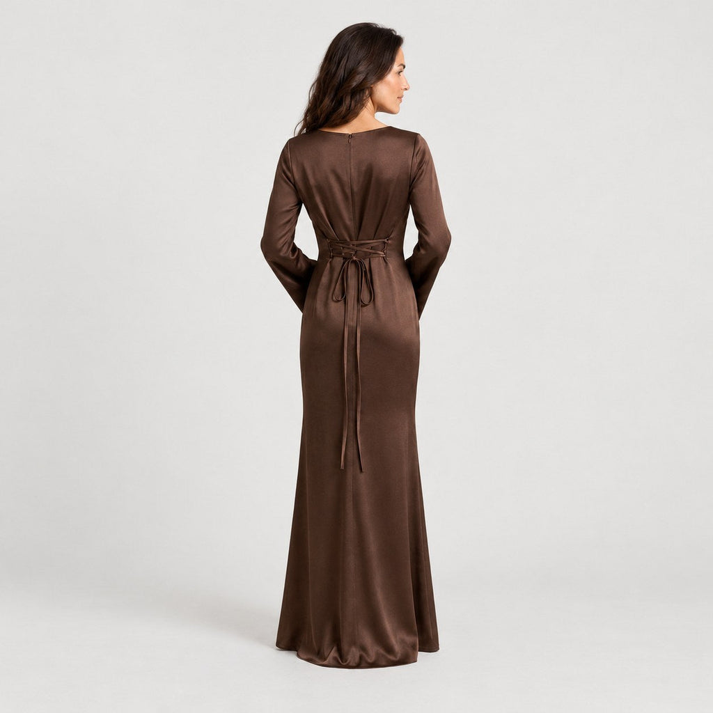 Women's satin-effect maxi dress in Brown | Barrowden – back view