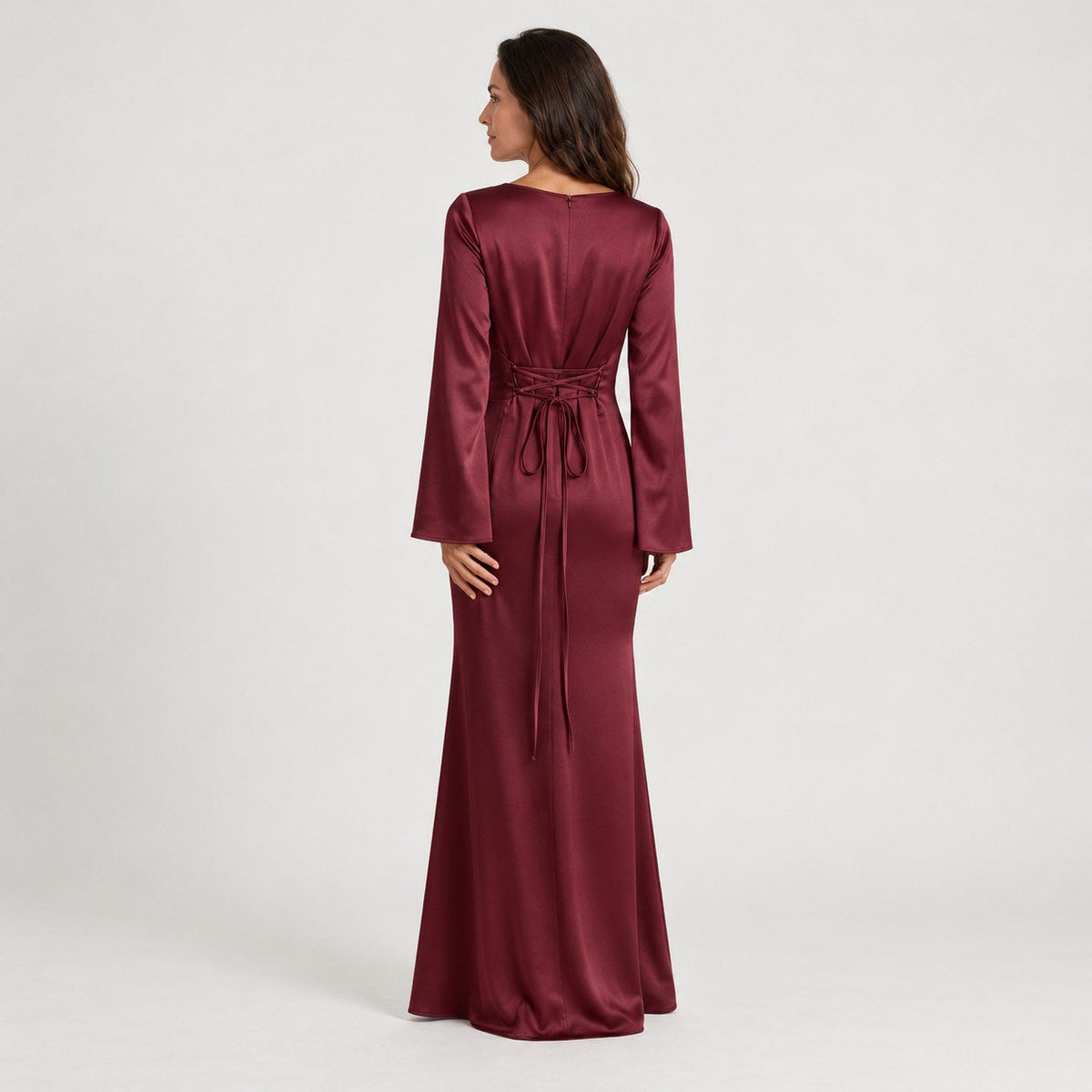 Women's satin-effect maxi dress in Burgundy | Barrowden – back view