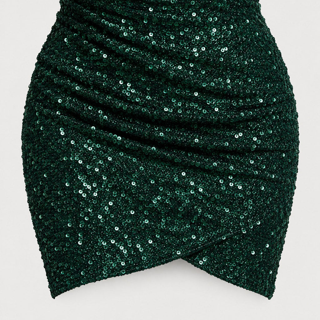 Women's sequin one-shoulder mini dress in Dark Green | Kilve – detail view