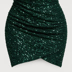 Women's sequin one-shoulder mini dress in Dark Green | Kilve – detail view