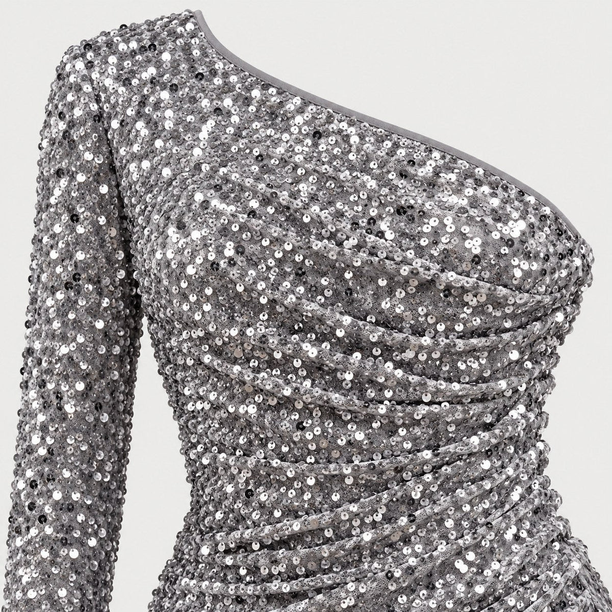 Women's sequin one-shoulder mini dress in Silver | Kilve – detail view