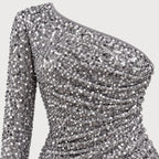 Women's sequin one-shoulder mini dress in Silver | Kilve – detail view