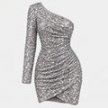 Women's sequin one-shoulder mini dress in Silver | Kilve – front view