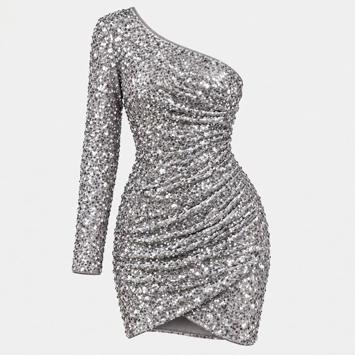 Women's sequin one-shoulder mini dress in Silver | Kilve – front view
