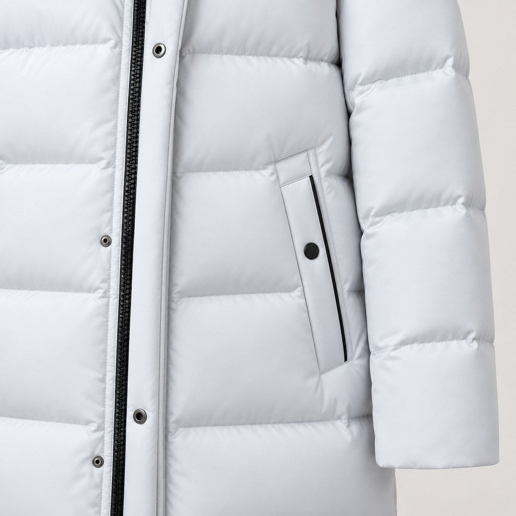 Men's longline hooded puffer coat in Ice Grey | Rhossili – detail view