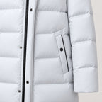 Men's longline hooded puffer coat in Ice Grey | Rhossili – detail view