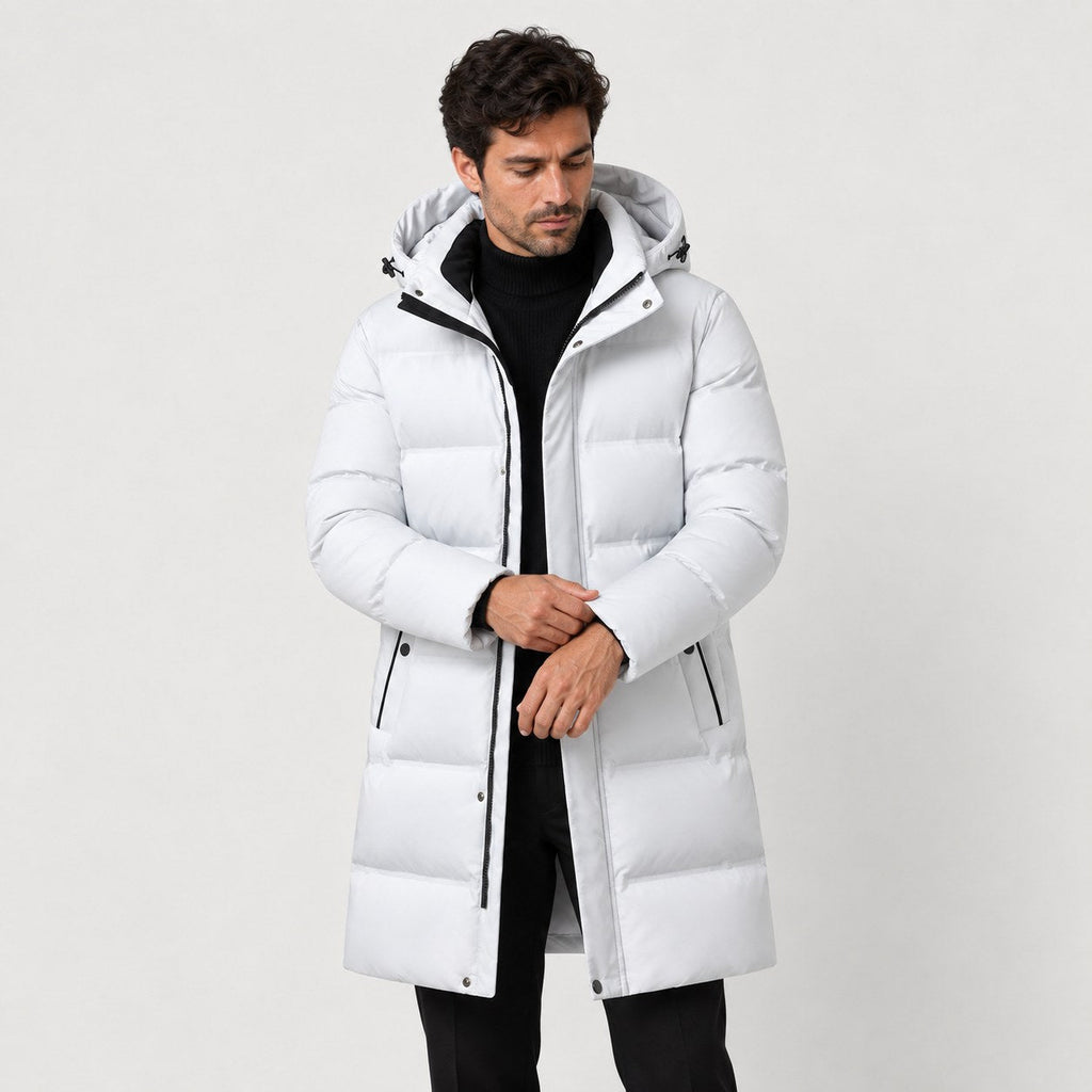Men's longline hooded puffer coat in Ice Grey | Rhossili – front view