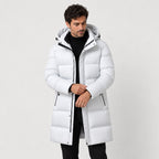 Men's longline hooded puffer coat in Ice Grey | Rhossili – front view