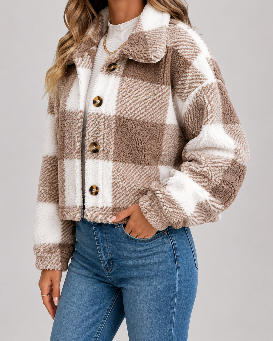 Women's Checked Teddy Fleece Jacket with Button Front | Minchinhampton